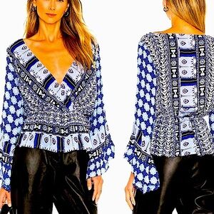 FREE PEOPLE ROSALIE WRAP TOP INDIGO BLUE WHITE BLACK SIZE SMALL NWT